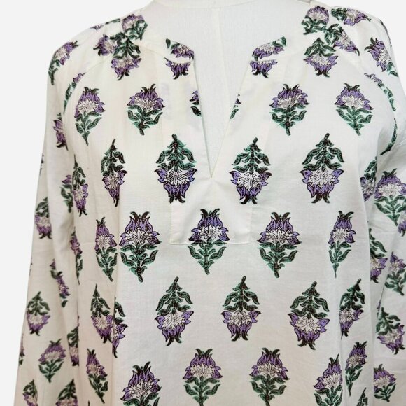 J.Crew Boho Floral Block Print Tunic Blouse White Purple Green | Size L … - Picture 4 of 4
